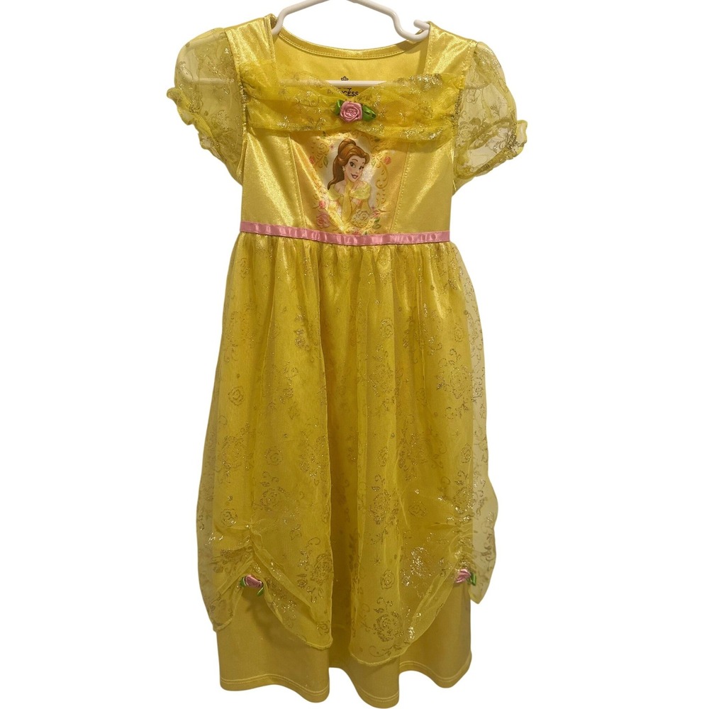 Disney Princess Belle Nightgown Kids 4T Yellow Excellent Glitter Tulle Dress